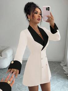 SHEIN Tall Minimalist High-End Black & White Contrast Woven Long Sleeve Open Front Double-Breasted Mid-Length Dress For Women, Suitable For Evening Gala, Sisters Gathering, Night Date White Blazer Dress Tuxedo Dress Women Suit Dress Long Sleeve Elegant Dress White Suits For Woman - Apricot - View 1