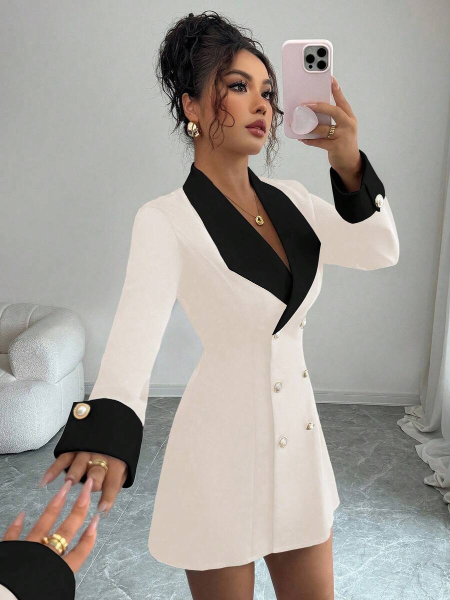 SHEIN Tall Minimalist High-End Black & White Contrast Woven Long Sleeve Open Front Double-Breasted Mid-Length Dress For Women, Suitable For Evening Gala, Sisters Gathering, Night Date White Blazer Dress Tuxedo Dress Women Suit Dress Long Sleeve Elegant Dress White Suits For Woman - Apricot - View 1