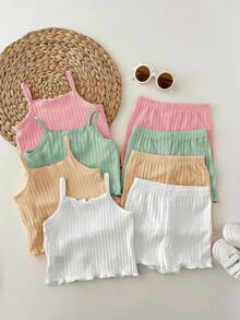 8件套休闲纯色针织吊带背心和短裤套装 - 彩色 - 查看 2