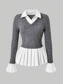 SHEIN ChillGRL 少女休闲日常通勤撞色灯芯绒长袖衬衫，适合秋冬季穿着 - 深灰色 - 查看 8