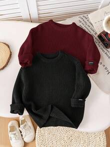 SHEIN 2 件套开学季男孩棕色和卡其色纹理宽松套头衫，适合休闲装、居家装和学校装 - 紅色 - 查看 8