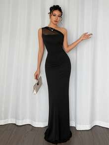 Firerie Women's Elegant Romantic Fashion Commuter Sexy Chic Asymmetric Shoulder Tight Long Dress, Suitable For Party, Beach Vacation, Back To School, Romantic Date, Wedding Season, Birthday, Easter, Spring/Summer Gown - Black - View 7