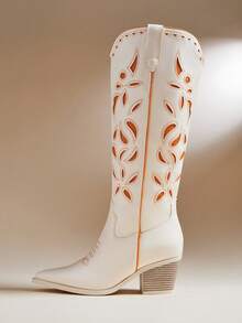 SHUZIA 时尚女士白色橙色仿皮PU杏仁头刺绣西部风牛仔过膝长靴粗跟套穿式牛仔竞技舞蹈假日秋冬鞋 - 橘色 - 查看 7