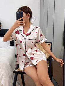 Dream Adore Conjunto de Pijama Cardigan com Gola de Lapela e Estampa de Coração em Seda Sintética - Damasco - Visão 3