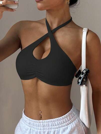 Dewbera Sujetador deportivo para mujer con cuello halter fruncido al frente, tirantes cruzados desmontables y acolchados, adecuado para uso diario casual, tenis, yoga, gimnasio y talla grande