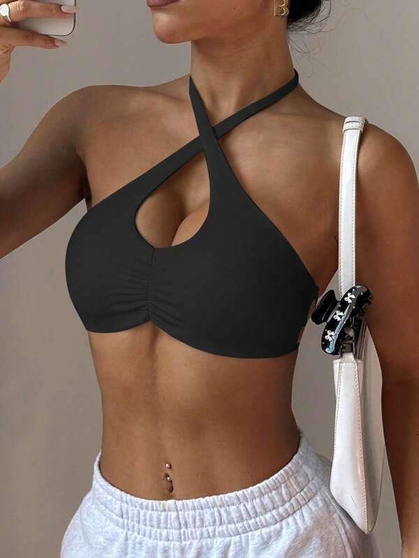 Dewbera Women's Sports Bra With Front Ruched Halter Neck, Removable Padded Criss-Cross Straps, Suitable For Daily Casual Wear, Tennis, Yoga, Gym And More