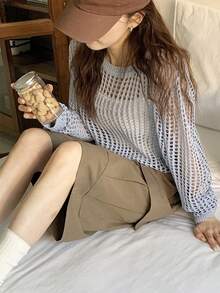 DAZY 镂空独特薄款长袖女式毛衣 - 藍色 - 查看 6