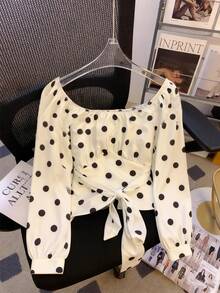 SHEIN Frenchy Blouse de mode à manches longues, col carré, imprimé à pois, plissée pour femmes - Nude - Voir 3