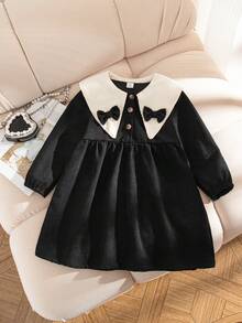 Elladie kids 女童秋季连衣裙，彼得潘领，蝴蝶结装饰，半开襟，长袖，宽松版型，时尚百搭，适合派对、一周岁生日等场合 - 黑色 - 查看 3