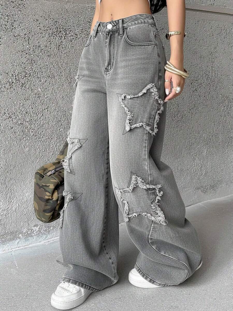 Coolane 少女说唱歌手运动休闲摇滚星形图案水洗牛仔裤 - 淺灰色 - 查看 1