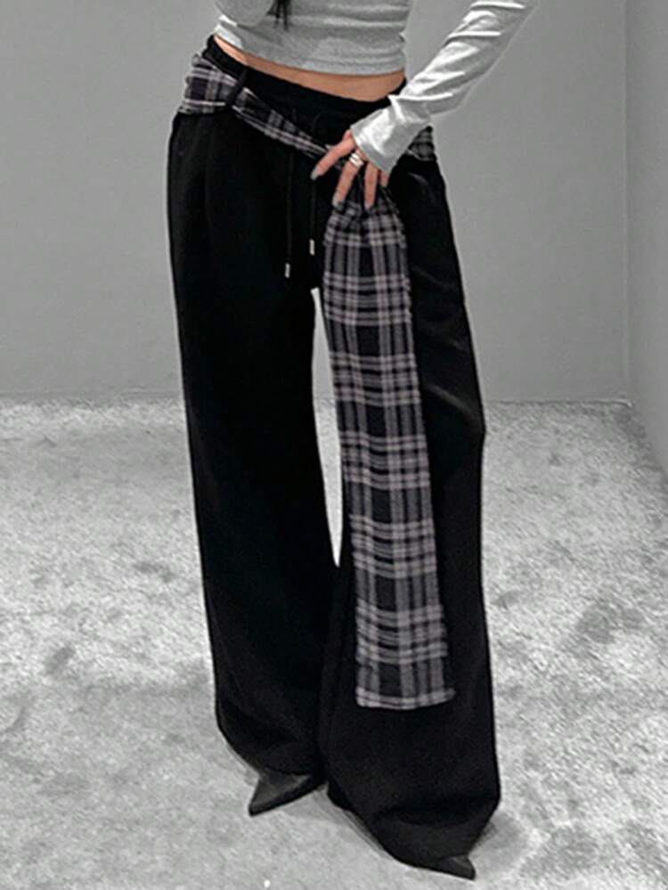 Women's Elastic Waist Loose Fit Sweatpants + Plaid Waist Belt