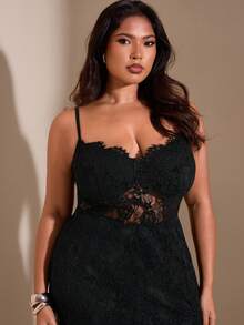 SHEIN BAE 大码女式黑色蕾丝吊带连体裤 - 黑色 - 查看 7