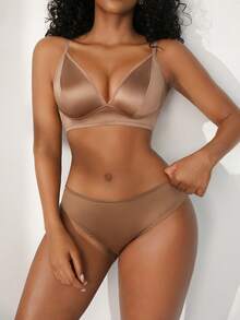 NudeFit 2pcs Satin Shiny Fabric Triangle Cup Bra And Panty Set