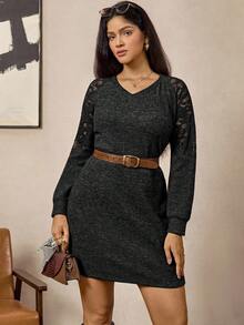 Zelara Vintage Coin Pattern Plus Size Knit Dress - Black - View 8
