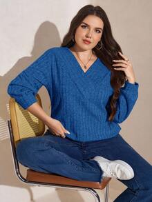 SHEIN LUNE 大码女式保暖内衬T恤，适合秋冬季节穿着，长袖，宝蓝色上衣 - 藍色 - 查看 7