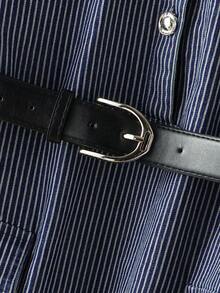 SHEIN Unity Váy sơ mi ngắn tay đơn hàng khuy sọc đơn giản cho nữ - Màu xanh lam - Xem 4