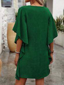 EMERY ROSE Vestido elegante suelto con cuello en V y volantes en el bajo, de unicolor para mujer - Verde - Ver 2