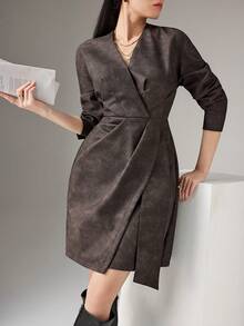 Heiryn 女士扎染重叠V领长袖褶皱迷你连衣裙 - 棕色 - 查看 6