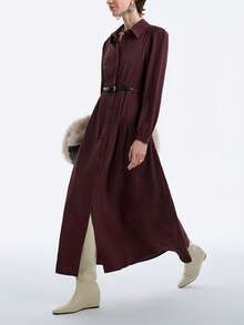 Aalyst Đầm Maxi dài tay dáng chữ A, cổ áo sơ mi trơn màu cho nữ, cài nút phía trước, eo xếp ly, eo có thể điều chỉnh, thanh lịch và đa năng khi đi làm, phong cách đường phố Pháp cổ điển, đơn giản và cổ điển, phù hợp với trang phục thường ngày, trang trọng, công sở, Trung Đông, tiệc mùa đông, lễ tạ ơn, giáng sinh, trà chiều, họp mặt gia đình, thu đông - Màu Tím - Xem 6