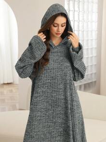 Mulvari Women's Long Sleeve Button Decorated Knit Fabric Flared Hem Arabic Style Dress, Autumn/Winter - Dark Grey - View 6