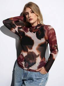 Maija 大码女式薄纱玫瑰印花长袖修身上衣，优雅都市通勤商务休闲上衣，春夏情人节派对海滩婚礼度假休闲圣帕特里克节复活节派对上衣海滩夏季假期海滩度假夏季外出毕业 - 彩色 - 查看 4