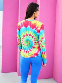 Gameset SHEIN Sport Damen Batik Rundhals Lockerer Schnitt Langarm Sport T-Shirt, Blau und Rosa, Sommer, Athleisure, Tv Girl, Fitnessstudio, Pride Month Neon Kleidung UV Casual Top - Verschiedenfarbig - Übersicht 2