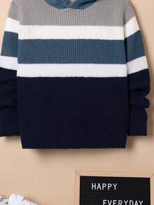 SHEIN Boys' Oversized Striped Hooded Pullover Sweater - Blue - View 5