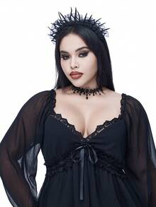 Coolane Đầm đen dài tay cổ chữ V bất đối xứng, thắt eo, cổ tròn, tay phồng, ren, gợi cảm, phong cách Gothic Y2K, thích hợp mặc mọi mùa Thu/Đông dành cho nữ - màu đen - Xem 4