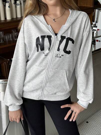 SHEIN Sweetra Young Oversized Zip-Up Hoodie Jacket, Casual Sports Style, American Loose Fit, Suitable For Spring, Autumn And Winter