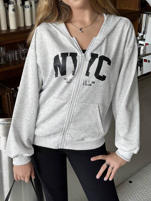 SHEIN Sweetra Young Oversized Zip-Up Hoodie Jacket, Casual Sports Style, American Loose Fit, Suitable For Spring, Autumn And Winter