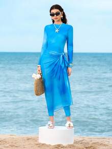 Swim Shayni 夏季时尚高端渐变印花连体泳衣，搭配薄纱纱笼裙 - 藍色 - 查看 4