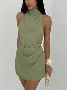 Aloruh 极简露背系带褶皱杏色迷你连衣裙（女款） - 薄荷綠 - 查看 5