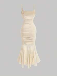 SHEIN MOD 杏色浪漫褶皱不对称下摆女士优雅连衣裙，派对礼服，舞会礼服，初秋服装，复古风格单身派对礼服，晚礼服，邮轮女士服装，返校节礼服，美人鱼连衣裙，中长褶皱连衣裙