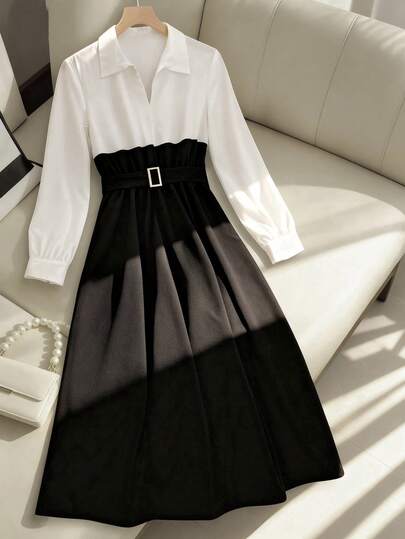 Franclia 新作秋冬 カラーブロック 長袖 スリミング ミドル丈ドレス レディース