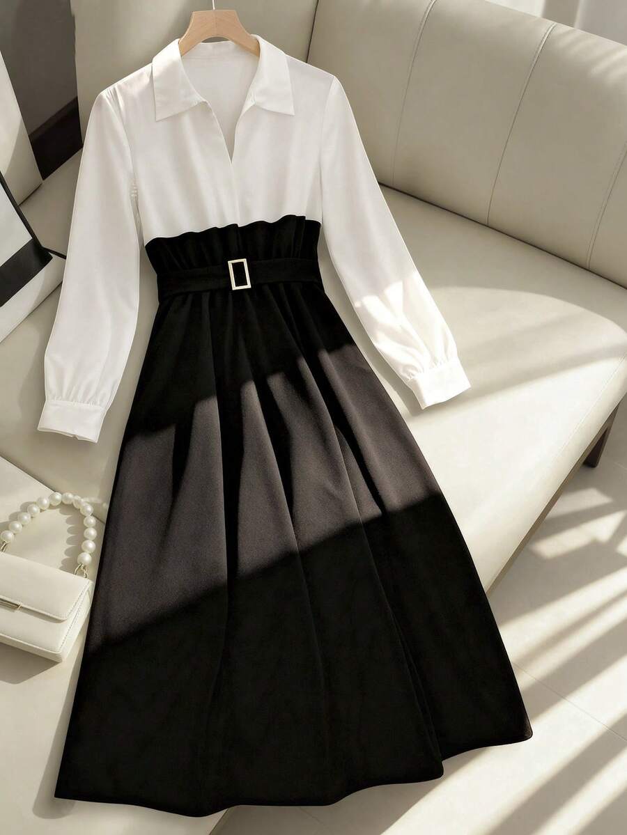 Franclia 新款秋冬撞色长袖修身中长连衣裙 - 黑與白 - 查看 1