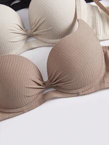 3件套女士舒适休闲罗纹面料纯色肩带柔软蝴蝶结罩杯钢圈支撑内衣文胸 - 彩色 - 查看 6