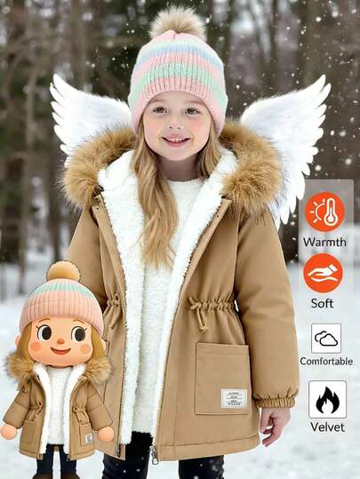 SHEIN Emery Rose Kids 女童保暖长袖抽绳连帽休闲外套，秋冬季