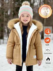 SHEIN Emery Rose Kids 女童保暖长袖抽绳连帽休闲外套，秋冬季 - 卡其色 - 查看 6