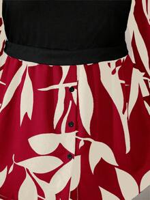 EMERY ROSE Plus Size Women Floral Print Patchwork Knit Casual Top, Autumn/Winter - Red - View 7