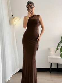 Firerie 女士优雅浪漫时尚通勤性感优雅风格不对称肩部紧身长裙，适合派对、海滩度假、返校、浪漫约会、婚礼季、生日、复活节、春夏季 - 咖啡棕 - 查看 4