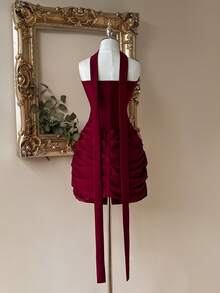 Lovelzi 优雅法式时尚安哥拉针织甜心领金属扣腰荷叶边拉链半身裙，适合多种场合——女士派对礼服、网红连衣裙 - 酒紅色 - 查看 2