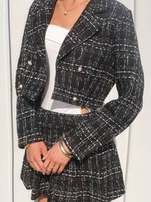 Sydney Algeri 女士优雅格子双排扣短款夹克和百褶裙两件套，适合春秋季 Y2K 服装