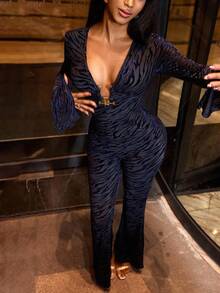 Lureya Women's Fashion Deep V-Neck Metal Button Decor Sexy Bodycon Long Sleeve Ruffle Cuff Zebra Velvet Jumpsuit, Elegant Party Outfit - Multicolor - View 1