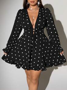 Viva Relle Plus Size Sexy Deep V-Neck Polka Dot Ruffle Hem Dress - Black - View 1