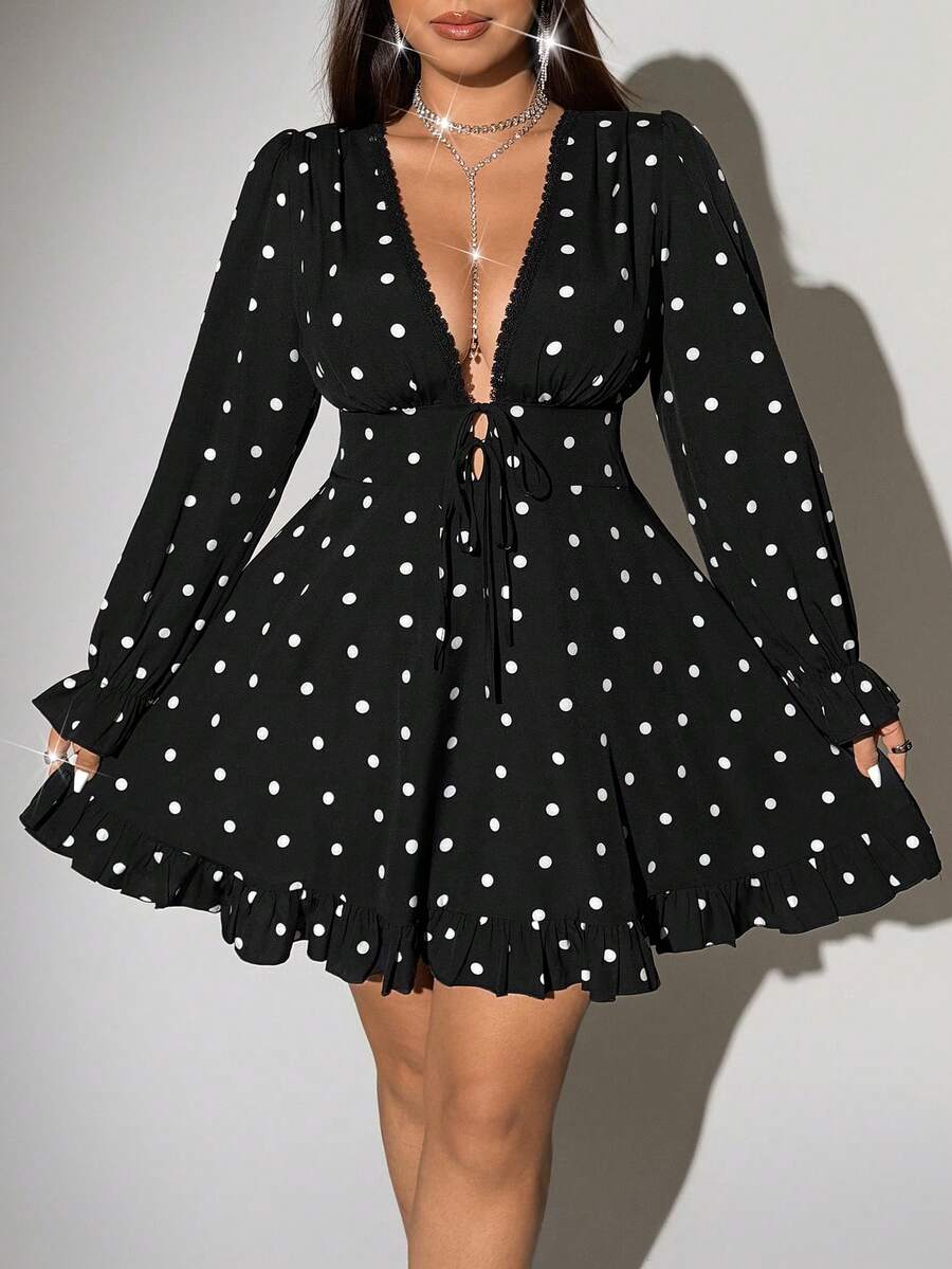 Viva Relle Plus Size Sexy Deep V-Neck Polka Dot Ruffle Hem Dress - Black - View 1