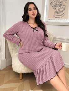 SHEIN Plus Size Comfortable Knit Nightgown With Bow Decor Collar And Ruffle Hem, Winter - Pink - View 6