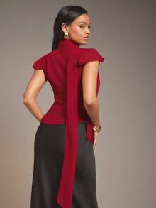 L'Amorae Women Chiffon Blouse Attached Scarf, Keyhole Detail, Valentines, Elegant, Wedding, Date Night - Red - View 2