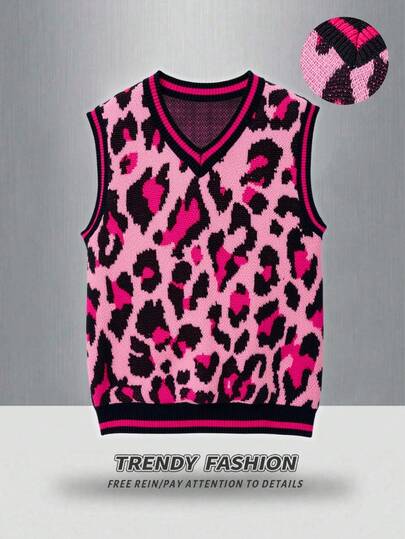 STEELVANCE New Arrival V-Neck Pullover Vest For Men, Fashion Item, Autumn/Winter Animal Print Vest Men Pink Sweater Vest Men Animal Print Sweater Vest Knit Vest Men Pink Vest Men Streetwear Knit Jersey Pink Sweater Men
