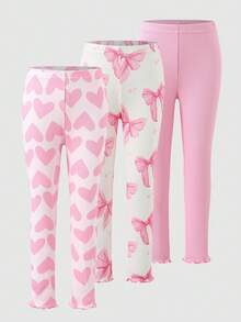 Young Girl Leggings, 3 Packs Pink Heart Bow Print Ruffle Leggings Pack Three Elastic Waistband Stretchy Comfortable All Season Long Pants Toddler Kids Playwear Holiday New Year 2026 Cute Festival Everyday Casual School Gift Breathable Lightweight Valentine's Day - Multicolor - View 1