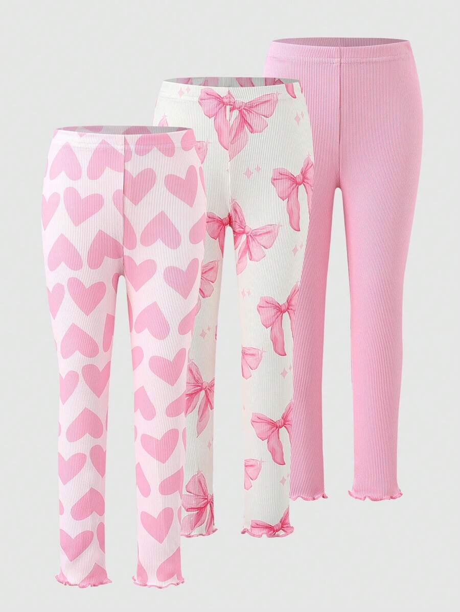 Young Girl Leggings, 3 Packs Pink Heart Bow Print Ruffle Leggings Pack Three Elastic Waistband Stretchy Comfortable All Season Long Pants Toddler Kids Playwear Holiday New Year 2026 Cute Festival Everyday Casual School Gift Breathable Lightweight Valentine's Day - Multicolor - View 1